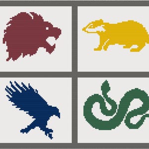 May include: Four square panels with pixelated images of a lion, badger, eagle, and snake. The lion is maroon, the badger is yellow, the eagle is navy blue, and the snake is green. Each image is on a white background.
