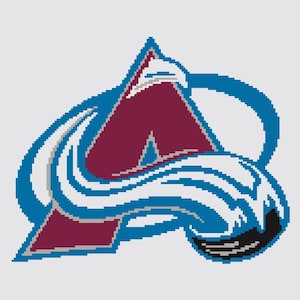 May include: A pixelated logo of the Colorado Avalanche hockey team. The logo features a burgundy letter "A" inside a blue triangle, with a white and blue wave design and a black hockey puck.