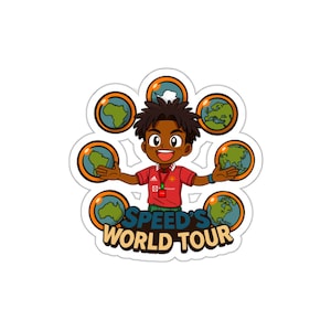 May include: A sticker featuring a cartoon character in a red shirt with the text "SPEED'S WORLD TOUR". The character is surrounded by globes, each depicting a different continent. The sticker has a white background.