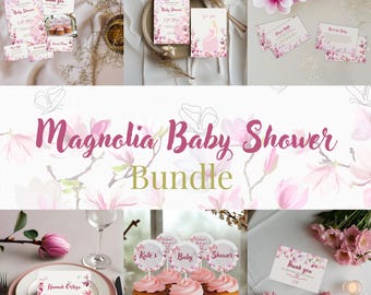May include: A pink and white magnolia baby shower bundle with invitations, thank you cards, cupcake toppers, and place cards. The design features watercolor magnolia flowers and butterflies.