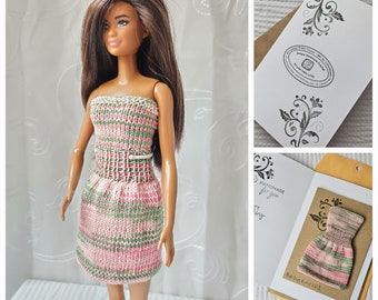 Knit Doll Dress, OOAK Doll Dress, Fashion Doll Dress with Card, Hand Knit Doll Dress for Gift Giving, Barbie Dress 001
