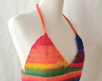 Multicolor Crochet Halter Top, Multicolor Crop Top, Crochet Rave Top, Rave Top