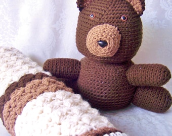 Szydełkowy kocyk dla dziecka, kocyk z misiem, czekoladowo-beżowy kocyk dla dziecka, prezent na baby shower, kocyk dla chłopca