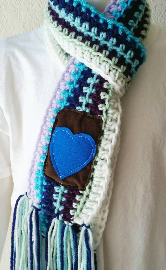 Crocheted green Scarf with Blue and Purple Hearts Free Easy Red Heart Colleen main image 4
