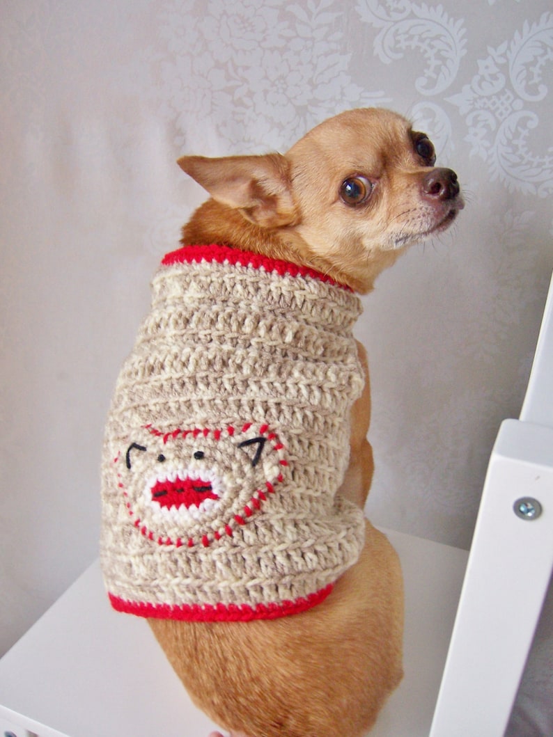 Crochet Dog Sweater, Sock Monkey Sweater, Sweater for Small Dogs Light