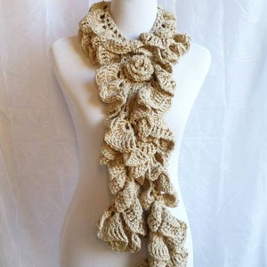 Womens Crochet Scarf, Crochet Scarf, Beaded Scarf, Beige Scarf, Flower Scarf, Frilly Scarf, Ruffle Scarf