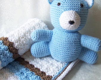 Virkad babyfilt, filt med nallebjörn, vitblåbrun filt, babyshowerpresent, babyfilt för pojkar