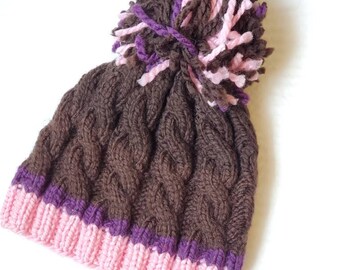 Cable Knit Hat with Giant Pom Pom - Large