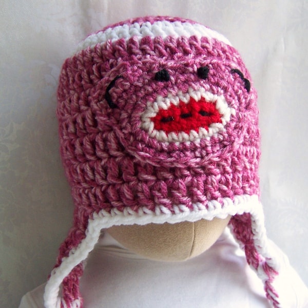 Crochet Hat - The Sock Monkey Snowboard Beanie in Pink Size Medium