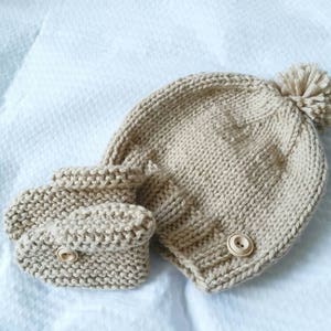 Baby Shower Gift, Knit Baby Hat, Knit Baby Booties, Tan Baby Hat, Tan Baby Booties, Pom Pom Hat, Unisex Baby Gift