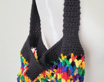 Black and Rainbow Crochet Market Bag, Shopping Bag, Reusable Market Bag, Multicolor Mesh Farmer's Market Bag