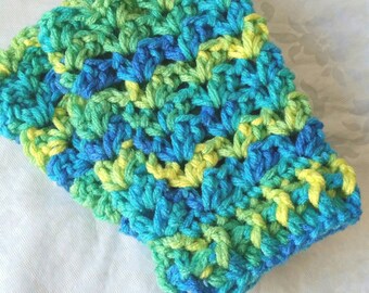 Crochet Fingerless Gloves, Crochet Texting Gloves, Multicolor Gloves, Blue, Green, and Yellow Gloves