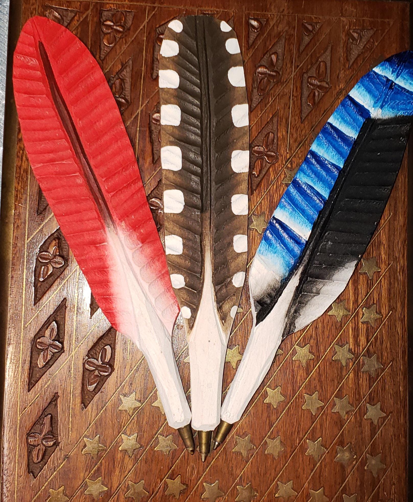 CUSTOM Carved Pen Feathers Wood 3 set Owl, Bluejays, Cardinal Hand Made Pen Lot Unique and Cute