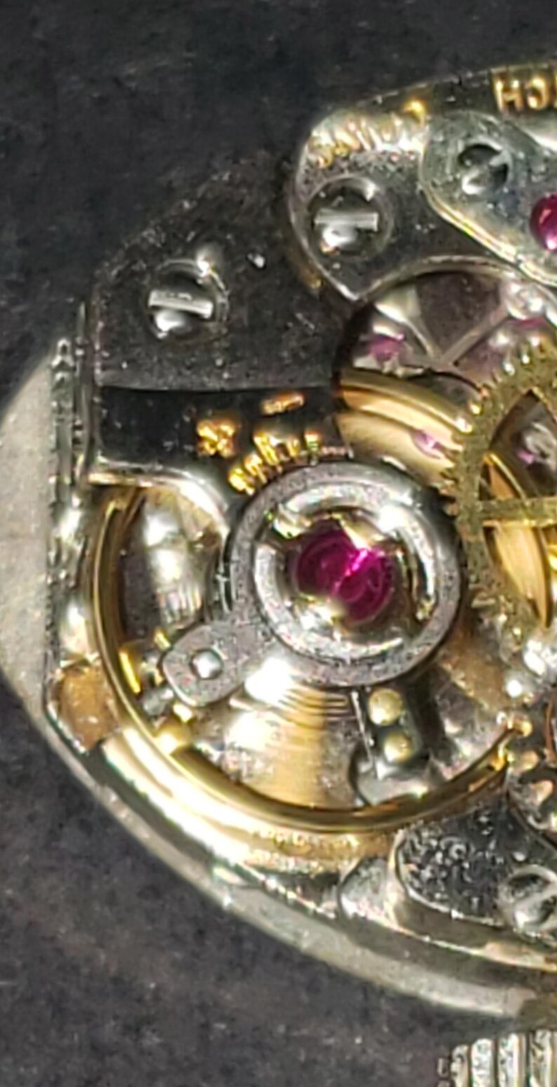 May include: Close-up of a watch mechanism with intricate details. The image showcases silver and gold-toned gears, a ruby jewel, and small screws. The watch parts are arranged in a circular pattern, highlighting the precision of the craftsmanship.
