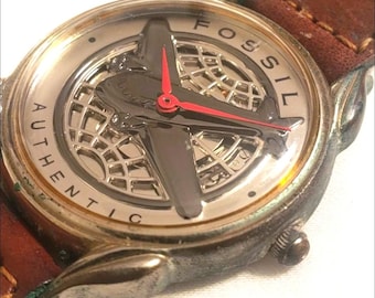 Vintage Fossil Airplane Watch New Battery | Original Leather Strap | Patina Case | Authentic Fossil | HistoricCLASSICS