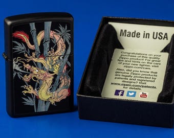 VINTAGE Unused Zippo Lighter - Vibrant Dragon Bamboo Design - June 2016 - Original packaging