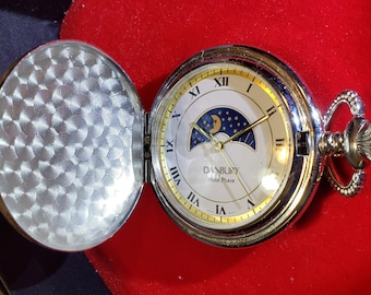 Vintage Moon Phase DANBURY Quartz Pocket Watch Roman Numeral Fancy Hinged Cover Fresh Maintenance Gentle Usage