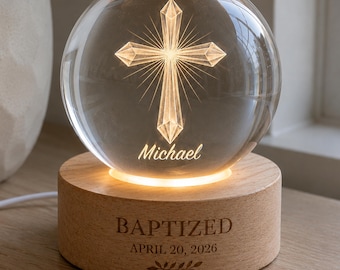 Cadeau de baptême personnalisé pour garçon, croix de cristal avec nom et date, cadeau de baptême pour filleul, cadeau de baptême, lampe boule de cristal personnalisée