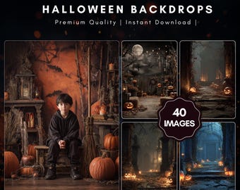 May include: An advertisement for Halloween backdrops. The image shows a child in a black hoodie in front of a Halloween backdrop. There are four additional Halloween-themed images, and the text "40 Images". The top of the image reads "Halloween Backdrops".