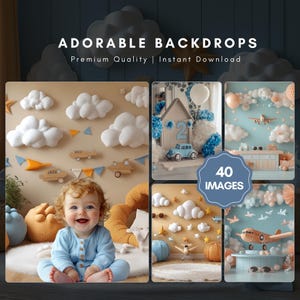 Adorables toiles de fond numériques sur le thème des avions | Fonds de photographie pour enfants | Scènes adorables pour les portraits de fêtes