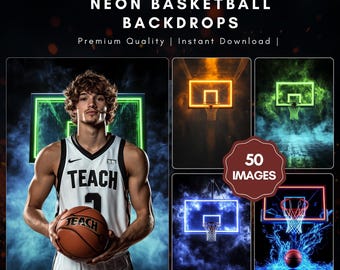 Cenários fotográficos de basquete neon: fundo de banner esportivo (download digital)