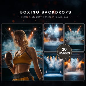 May include: A set of 20 boxing ring backdrops with smoke and lighting effects. The backdrops are perfect for use in photoshoots or videos.