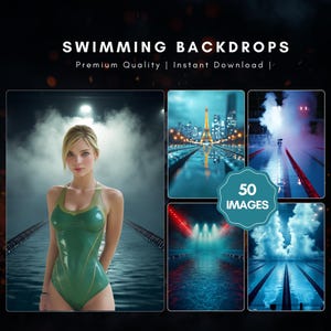 May include: A collection of 50 digital images of swimming pool backdrops. The images feature different lighting, water effects, and backgrounds, including a city skyline with the Eiffel Tower.