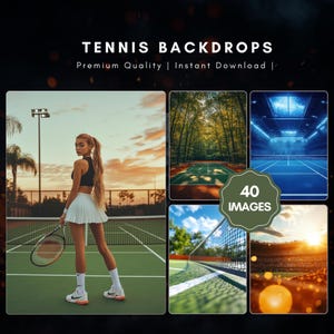 May include: A collection of 40 tennis court backdrops. The images include a variety of settings, including outdoor courts with green grass and a sunset sky, indoor courts with blue flooring and bright lights, and a close-up of a tennis net.