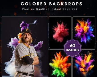 May include: A baseball player stands in front of a colorful explosion of powder. The player is wearing a grey baseball uniform with black trim and a black cap with a white "P" on the front. The background is black with a purple, orange, and yellow powder explosion.