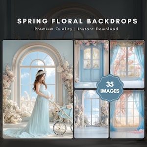 May include: Spring floral backdrops with a pregnant person in a light blue dress and a baby carriage. The image includes a variety of floral and window-themed backgrounds, with the text "Spring Floral Backdrops" and "35 Images".