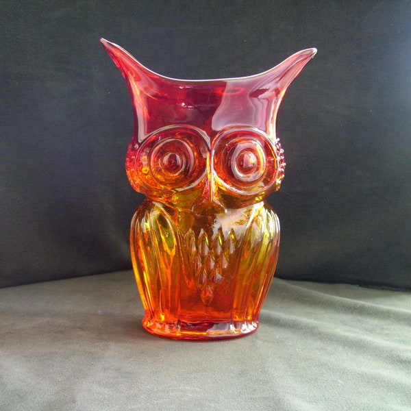 Vintage Rainbow Glass Amberina Owl Vase Viking Art Glass