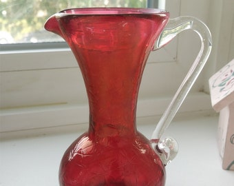 Rainbow Glass Red Pitcher Clear Applied Handle Crackle Pattern