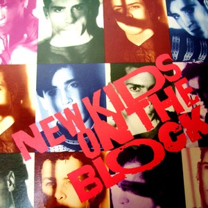 May include: A vintage album cover featuring five young men with the text "NEW KIDS ON THE BLOCK" in large red letters.