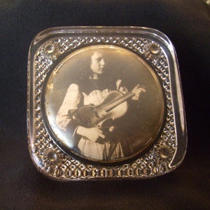 Antique Heavy Glass Paperweight Picture Frame Ukulele 1900s