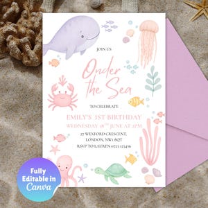Oneder the Sea Birthday Invitation, 1st Birthday Editable Template, Under the Sea Party Invite for Girls, Canva Template, Ocean Animals