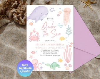 Invitación de cumpleaños de Oneder the Sea, plantilla editable para primer cumpleaños, invitación a fiesta submarina para niñas, plantilla de Canva, animales del océano