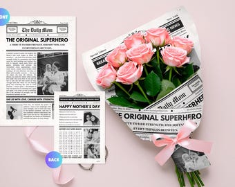 Editable Mothers Day Newspaper Template, Printable Mothers Day Card, Gift for Her, Canva Template, Mothers Digital Gift, Flower Bouquet Wrap