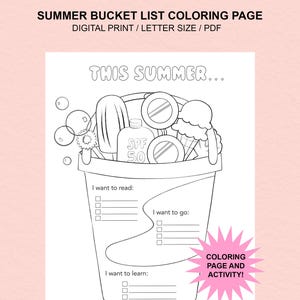 Página para colorear de actividades de verano para niños, lista de actividades para niños, descarga instantánea en PDF, lista de tareas, lista de planes para el verano