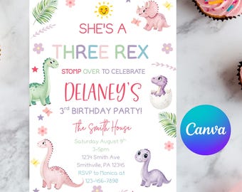 Sie ist eine drei Rex Geburtstagseinladung | Mädchen Dinosaurier Party einladen | Rosa Pastell Dino | Bearbeitbarer digitaler Download