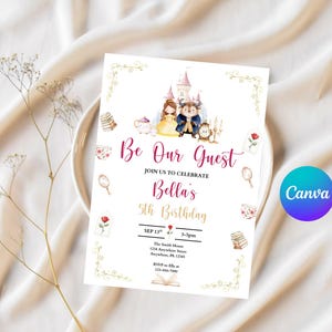 Disney Princess Printable Personalized Birthday Party Invitation Template Canva, Editable Beauty and the Beast Birthday Invitation for Kids