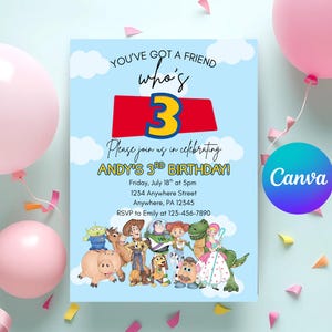 Toy-Inspired 3rd Birthday Invitation: Editable Canva Template (Digital Download