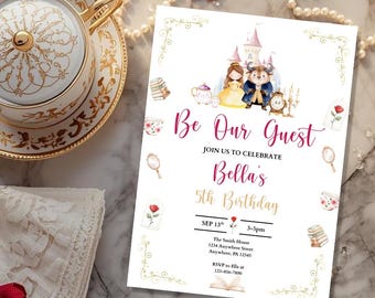 Invitación de cumpleaños de La Bella y la Bestia / Invitación a una fiesta de té de princesas / Sé nuestro invitado de cumpleaños / Invitación digital editable / Fiesta de cuento de hadas