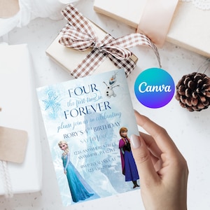Invitación de cumpleaños de Frozen Four: La primera vez en la eternidad. Invitación de cumpleaños número 4 de Frozen. Invitación para la cuarta fiesta infantil. Tema de Elsa y Anna. EDITABLE.