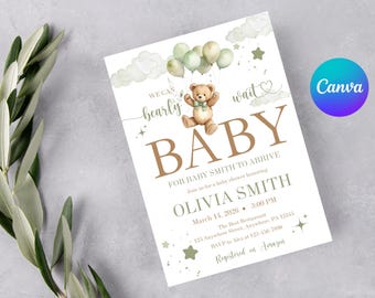 Editable Teddy Bear Baby Shower Invitation | Neutral Green Baby Shower Invite | Bear Balloon Baby Shower Template