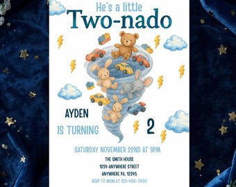 Editable Two-nado Birthday Invitation, Tornado Theme 2nd Birthday Invite, Instant Download, Printable Kids Party Invite, Editable Template