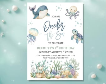 Under the Sea First Birthday Invitation | Ocean Animals 1st Birthday Invite | Editable Boy Birthday Invitation | Whale Turtle Octopus