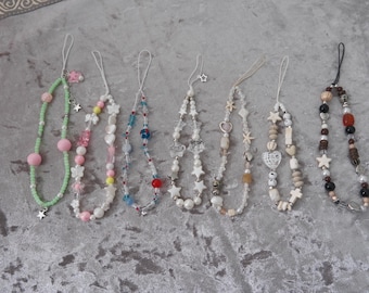 Pingente de celular artesanal com miçangas: Cordão de pulso kawaii boho