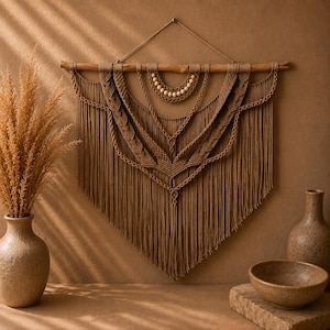 May include: A brown macrame wall hanging suspended from a horizontal wooden branch. The design features intricate knotted patterns, layered V-shaped fringe, and a central semi-circular section adorned with small, light-coloured wooden beads.