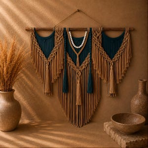 Op de afbeelding: Een macramé wandhanger van beige en donkerblauwgroen katoenen koord, opgehangen aan een houten stok. Het ontwerp bevat ingewikkelde knooppatronen, lange franjes, decoratieve kwastjes en een rij witte kralen in een gebogen vorm.