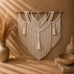 May include: A cream-colored macrame wall hanging featuring intricate knotted patterns, layered fringe, and decorative tassels suspended from a horizontal wooden dowel. The design includes symmetrical geometric loops and long, flowing vertical cords.